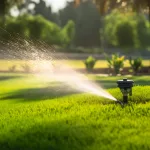 Un arroseur automatique qui arrose la pelouse dun jardin - Aquitaine Filtration